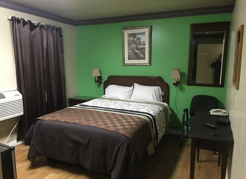 Guest bedroom with a made queen bed and bedside lamp